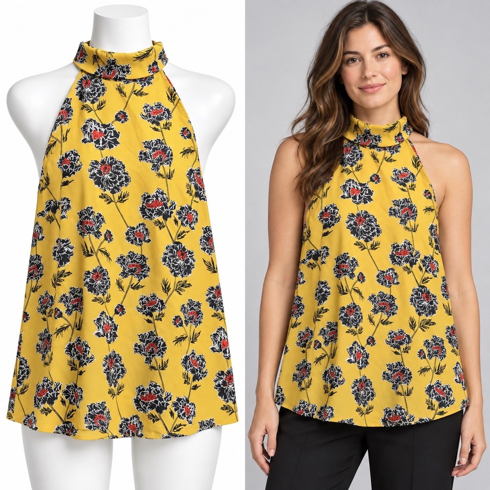 Banana Republic Halter Top Women Small Petite Yellow Floral Tie Neck Sleeveless